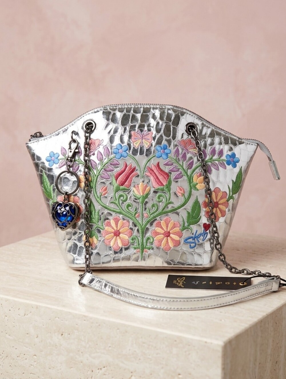 Sharif 1827 Legacy Floral Embossed Quilted Leather Crossbody NWT Silver